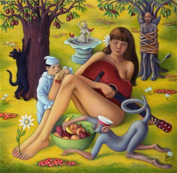niña tocando la guitarra con mono fantasía Pinturas al óleo